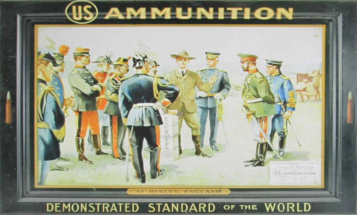 US Cartridge Company advertising painting depicting the officers of competing nation’s in dress uniform.